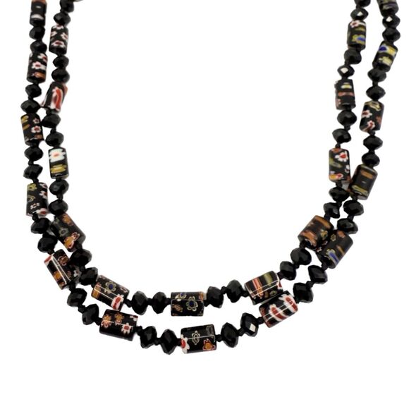 Vintage Black Millefiori Glass Crystal Beaded Necklace 24" Multi-Strand Layered - Picture 5 of 9